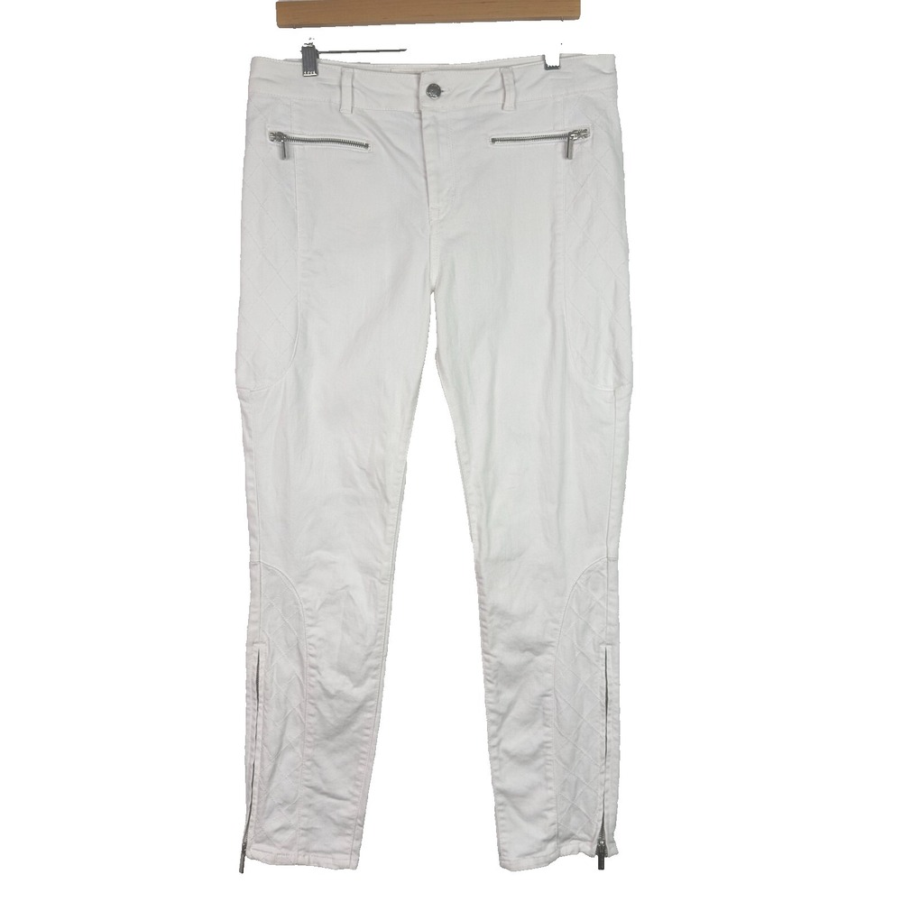 Karen Millen Quilted Moto Pants White Women US 12 Biker Zip Ankle Stretch